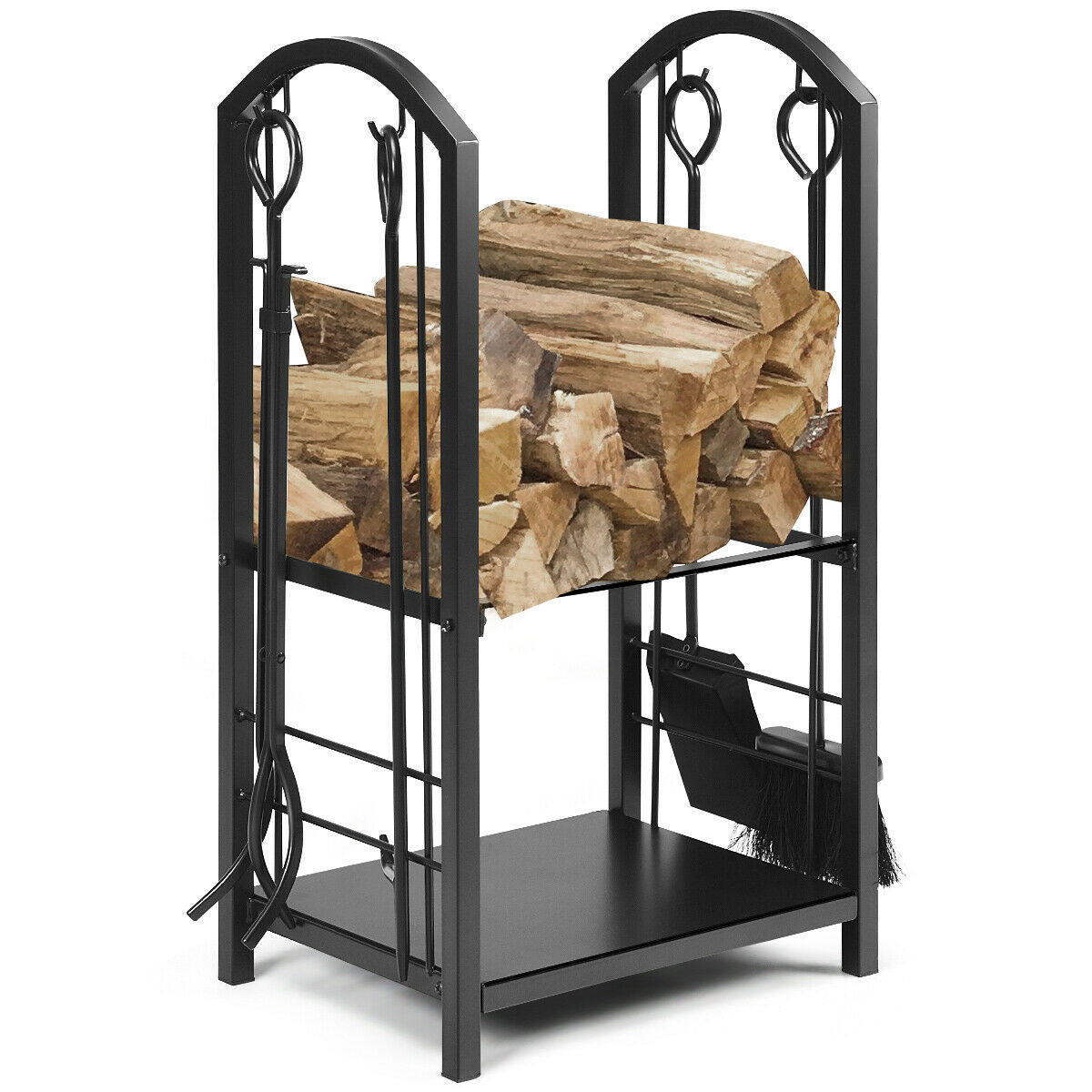 Gymax Fireplace Log Rack with 4 Tools Set Fireside Firewood Holders