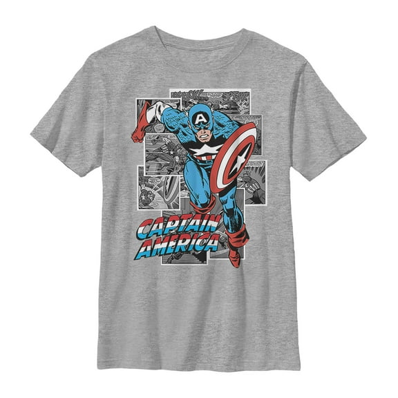 Boy's Marvel Captain America Gray Grayscale Panels Graphic Tee Athletic Heather X Large