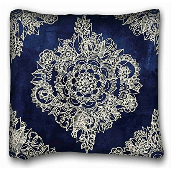 RYLABLUE Square Throw Pillow Case Cases Cover Cushion Covers Cream Floral Moroccan Pattern On Deep Indigo Ink Sofa Size 20x20 Inches Two Side