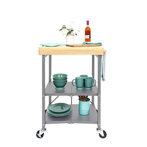 Origami Chariot de Cuisine Pliant sur Roues / pour Chefs Extérieur Café Vin et Nourriture, Chariot pour Micro-Ondes, Îlot de Cuisine sur Roues, Chariot Roulant, Chariot d'Appareils de Cuisine et Utilitaire / Argent avec Bois - RBT-02