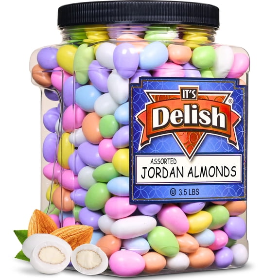Assorted Jordan Almonds by Its Delish, 3.5 lbs Jumbo Container  Pastel Colors Kosher Almond Nut with Sweet Hard Candy Coating