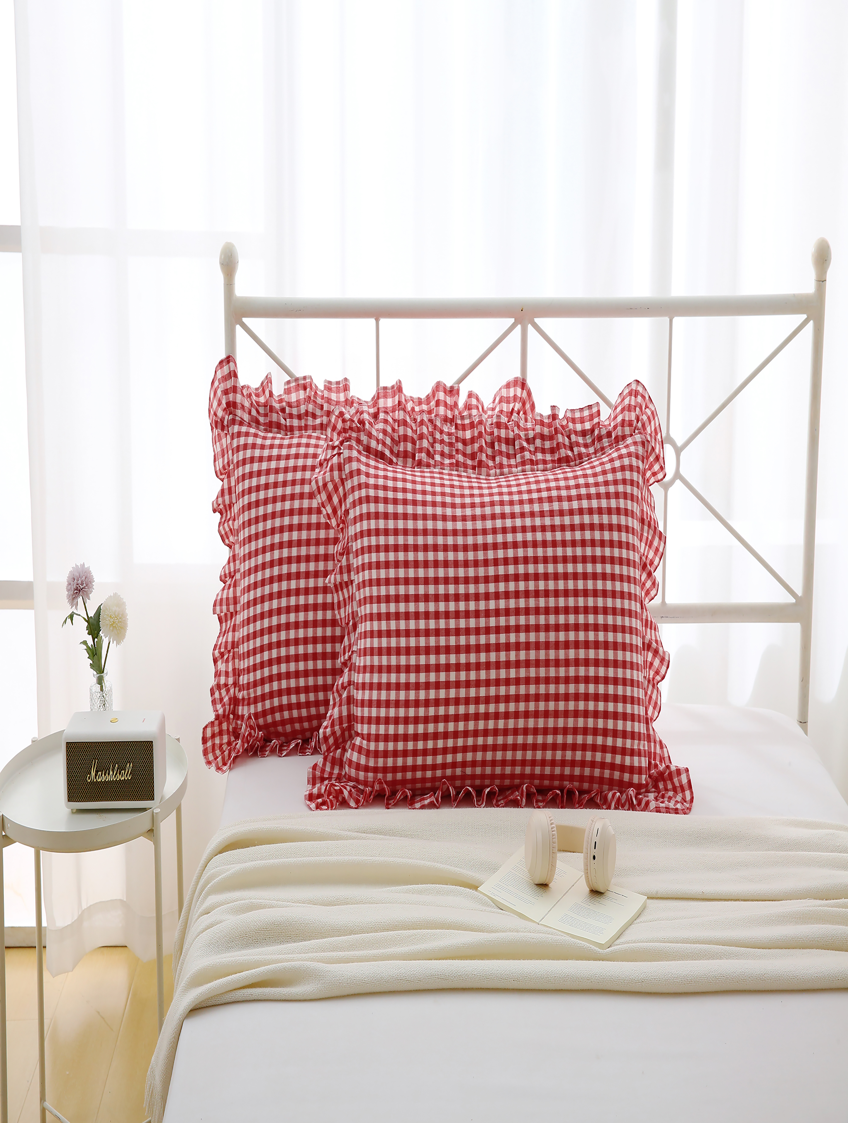 Red White Plaid Euro Pillow Shams with Ruffles Checkered Pillowcases Gingham Pillow Cases Washed Cotton Farmhouse Cottage Pillow Covers for Bed/Sofa(26X26inches,Red/White Plaid) 2 Pack