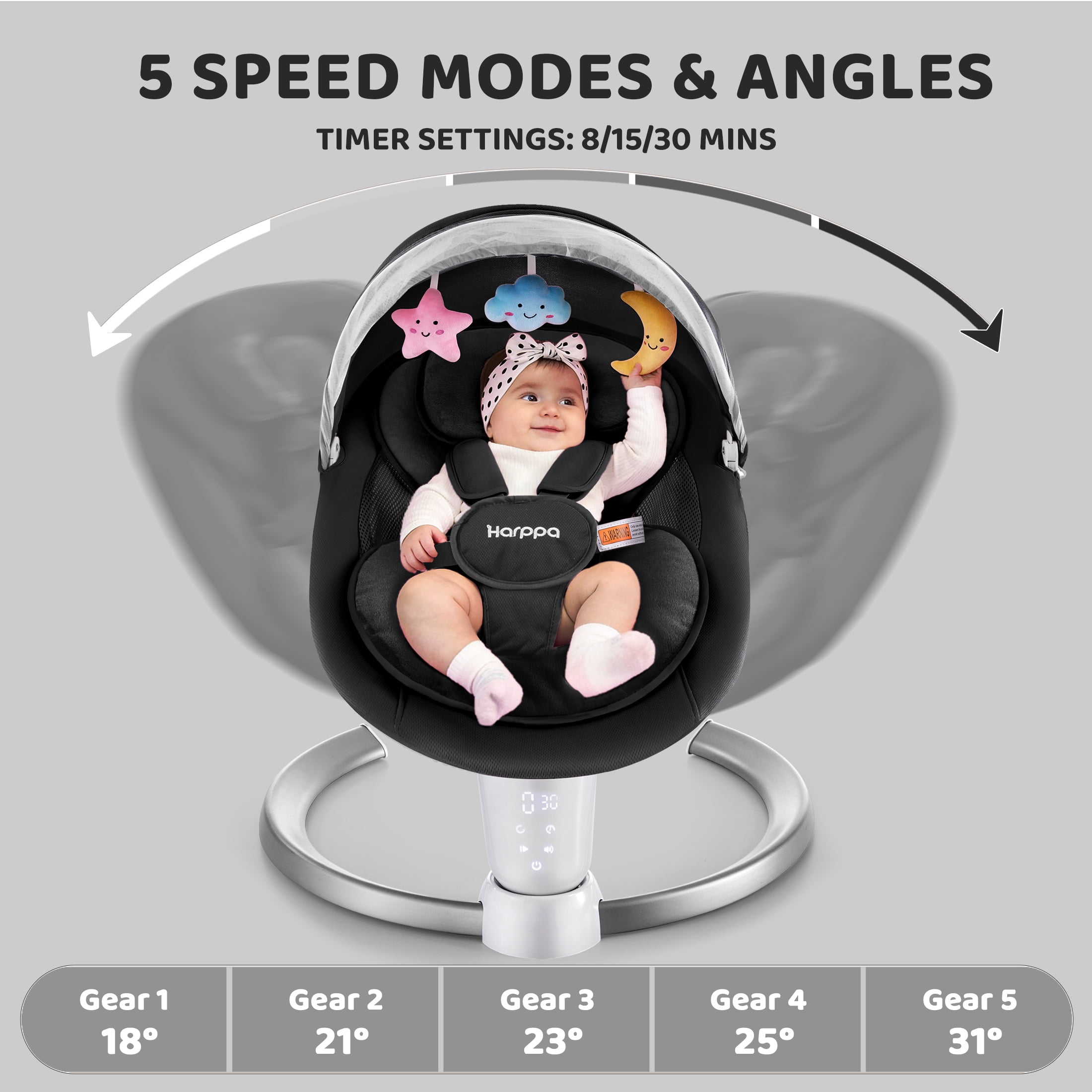 HARPPA Electric Baby Swing, Infant Swing with Remote Control, 5 Sway Speeds, Black