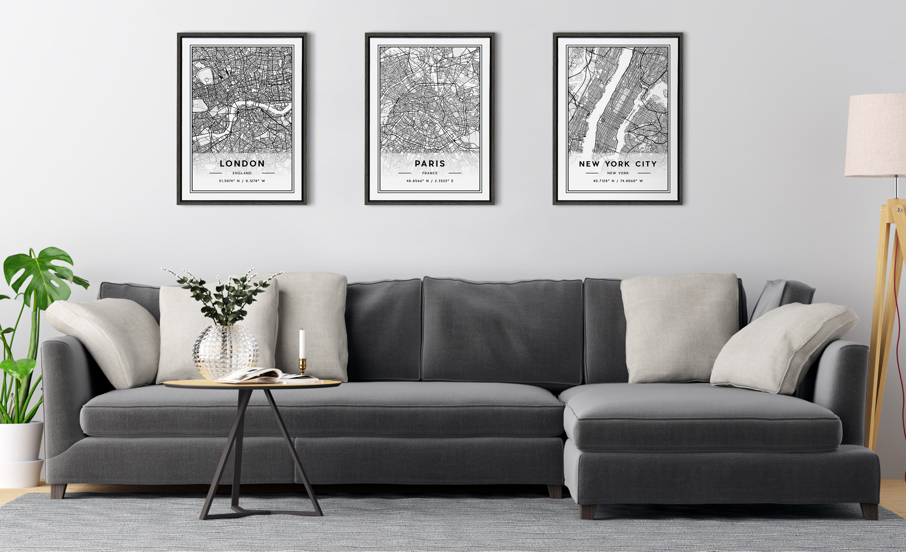 Kate and Laurel Sylvie New York City Modern Map Framed Canvas Wall Art by Jake Goossen, 18x24 Gray, Geographical Map for Wall
