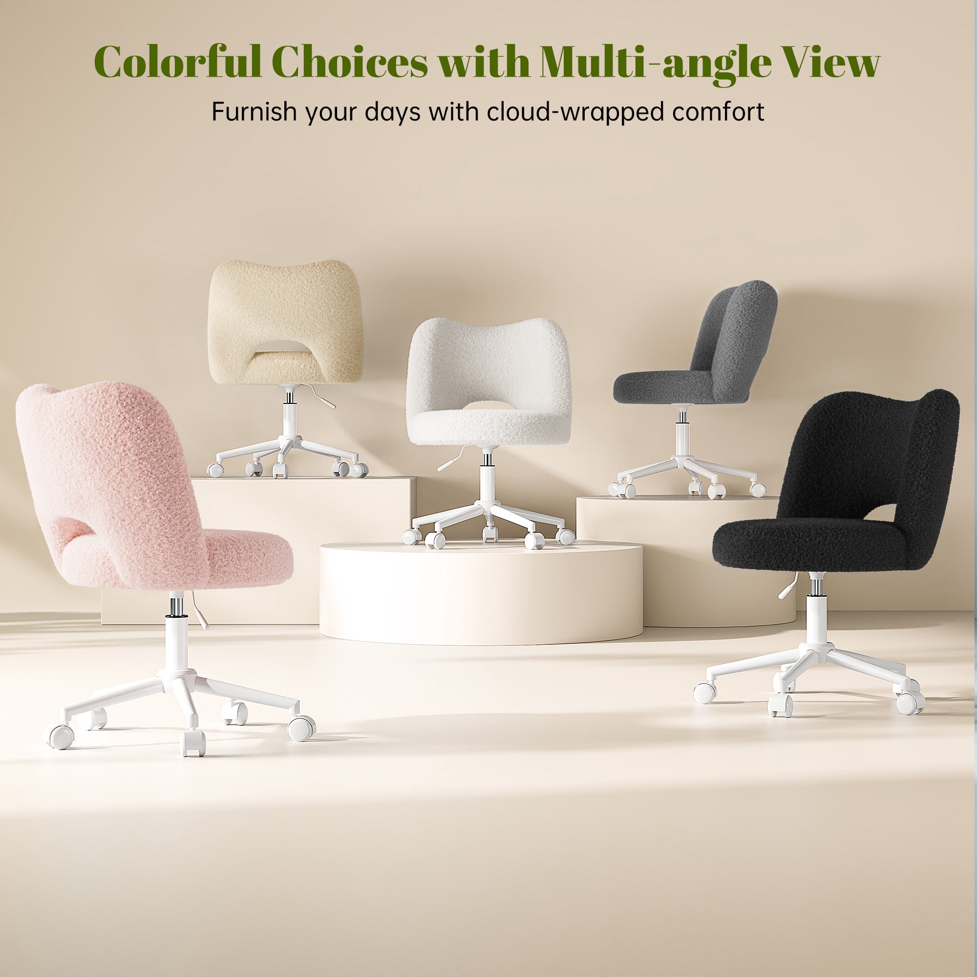 Romorgniz Adjustable Vanity Chair with Backrest Teddy Velvet Swivel Desk Chair with Wheels, Space-Saving Makeup Computer Chair, Black