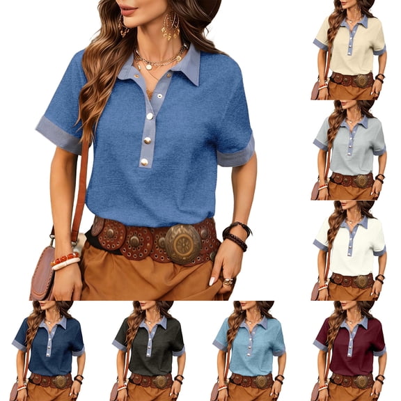 Miluxas Women's Summer Short Sleeve Tops Button-Up Collared Shirts with Linen and Denim Contrast Collar Trendy Business Casual Tunic Blouse Wine