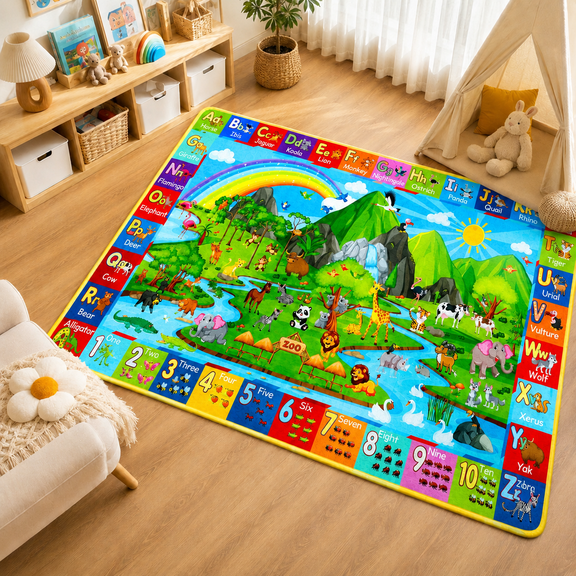 Zoo ABC Kids Carpet &Numbers , Carpet for Playroom, Classroom Floor ,Baby Daycare Play Mat for Kids,Educational Non-Slip ,Preschool Rugs wtih ABC, Numbers, Animals
