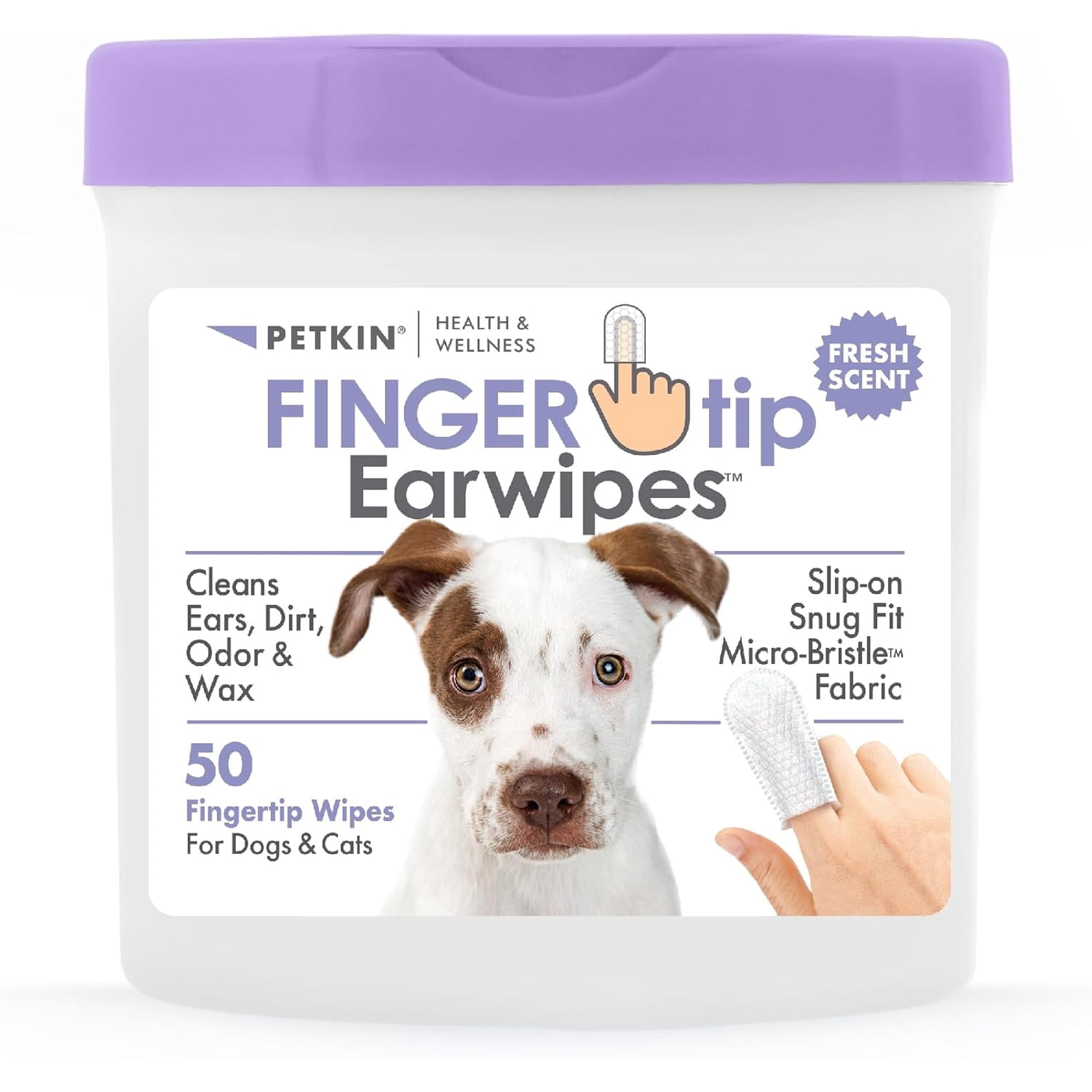 Petkin Fingertip Ear Wipes for Dogs and Cats, 50 Count - Slip-on Micro Bristle Fabric