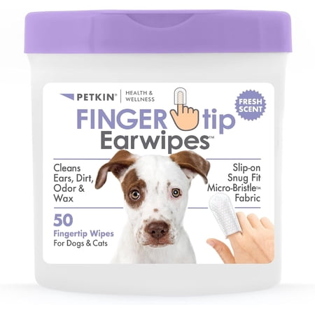 Petkin Fingertip Ear Wipes for Dogs and Cats, 50 Count - Slip-on Micro Bristle Fabric