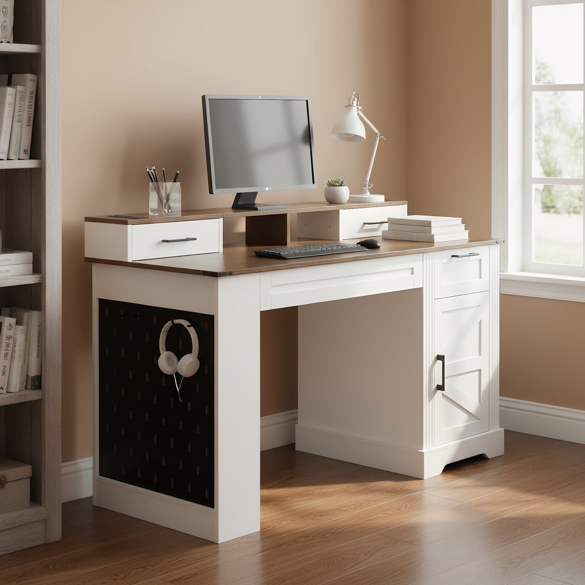 Mintazer 55" Farmhouse Office Desk with Charging Station & Storage Drawers, Computer Writing Desk with Monitor Stand, Keyboard Tray & Pegboard for Study Living Room Home Office, White