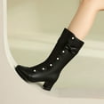 thumbnail image 4 of Women's Leather Block Low Heel Mid Calf Boots Cute Bowknot Fashion Studded Bead Wide Calf Riding Booties Black Size 7.5, 4 of 7