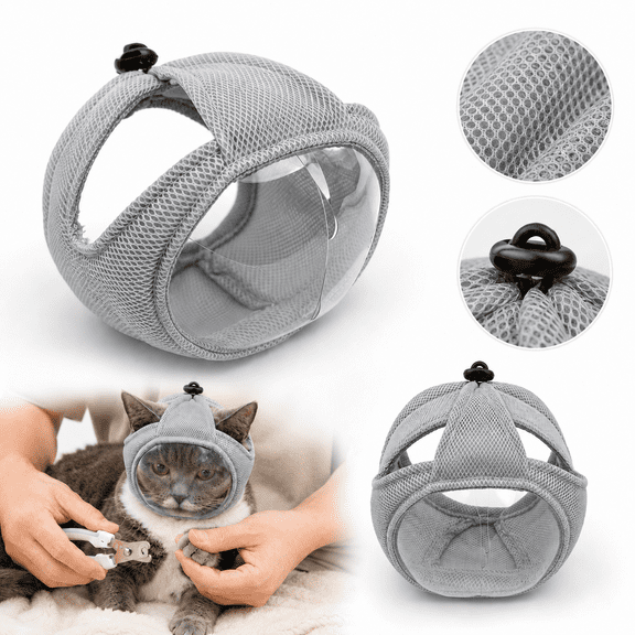 Cat and Small Pet Grooming Muzzle, Clear Vision Shield Anti-Bite Mask, Breathable Adjustable Head Cover for Nail Care