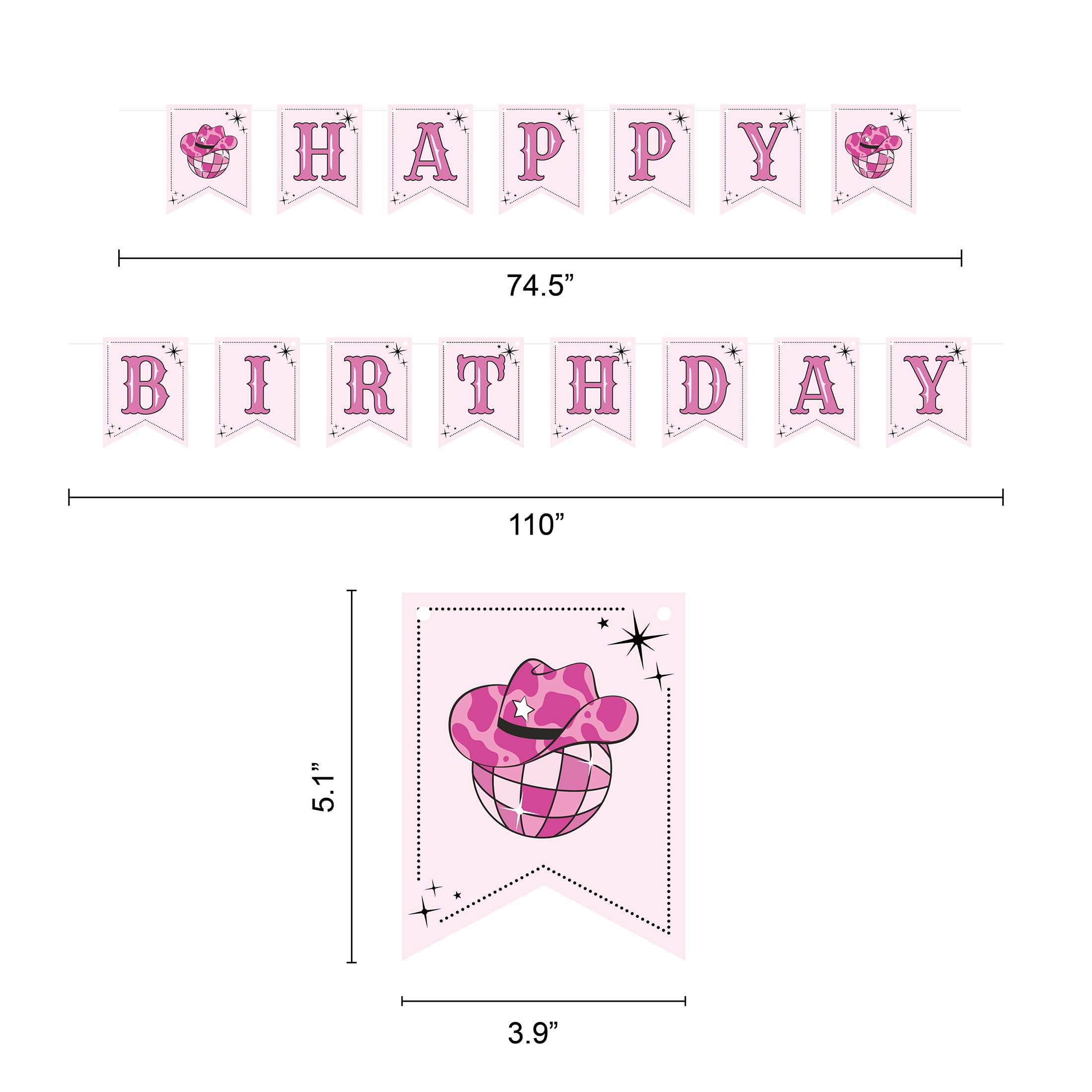 Pink/White Disco Cowgirl Happy Birthday Paper Banner Set, 2 Pieces, by Way To Celebrate