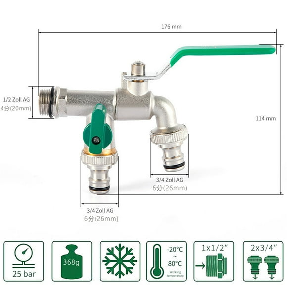 3/4" Triple Interface All-Brass Dual-Outlet Faucet with Dual Handles - Frost-Resistant, Manual Installation for Kitchen, Garden, Outdoor, Indoor, Laundry & Water Heating Use - Green Finish