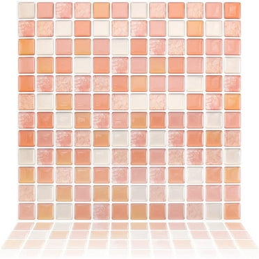 5pcs Self Adhesive Wall Tiles Removable Peel and Stick Backsplash Orange Square 3D Mosaic Tile Stickers Stick-on Vinyl Tiles for Kitchen Bathroom Home Decor 9.3" X 9.3" Covering 3 Sq.ft