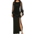 thumbnail image 2 of SWSMCLT Women's Maxi Sequin Dress Illusion Mesh Sleeve Evening Party Long Dress Elegant High Slit Scoop Neck Semi Formal Business Dressy Slim Fit Black 10, 2 of 5