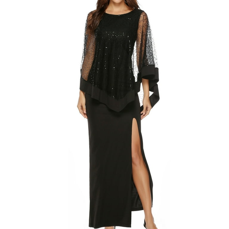 Jdlsppl Women's Maxi Sequin Dress Illusion Mesh Sleeve Elegant High Slit  Scoop Neck Semi Formal Business Dressy Slim Fit Evening Party Long Dress  Black 12 - Walmart.com