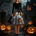 thumbnail image 4 of Karymi Plus Size Dresses Halloween Print Swing Midi Dress, Solid Crew Neck Long Sleeve Satin Bow Waist Vintage A Line Party Costume Dress Maxi Dresses for Women, 4 of 6