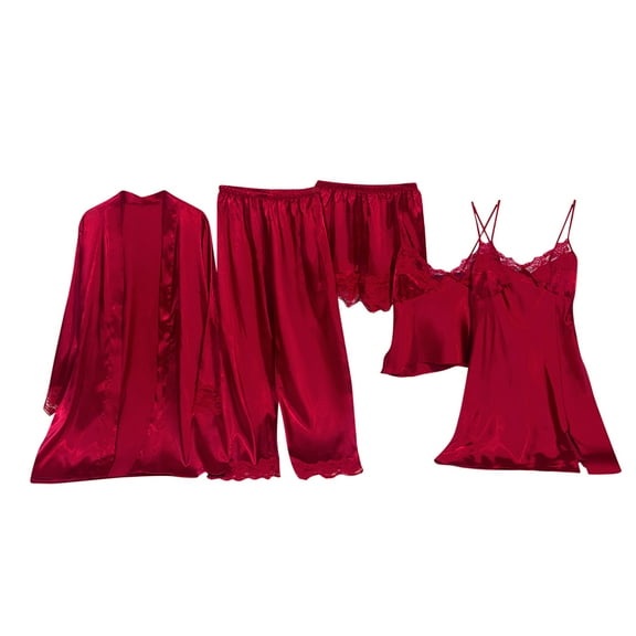 Womens Silk Pajamas Sets 5PCS Floral Sleepwear Loungewear Satin Robe Cami Shorts Pants Pj Set Fashion Nightgown Wine, 2XL