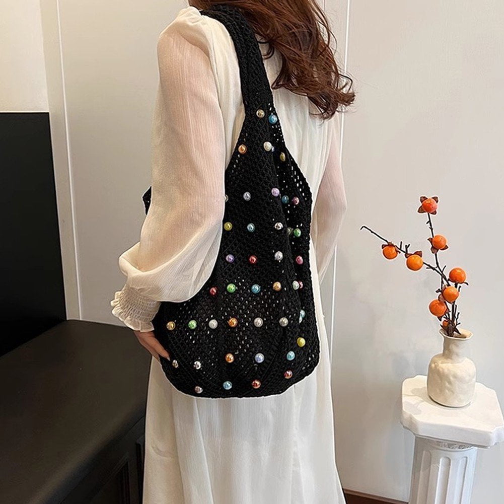 Jiibva Crochet Beach Bags Woven Travel Tote Boho Shoulder Bag Hollow Knitting Handbag Mesh Shoulder Bag Women Knitted Handbags for Holiday, Daily Work