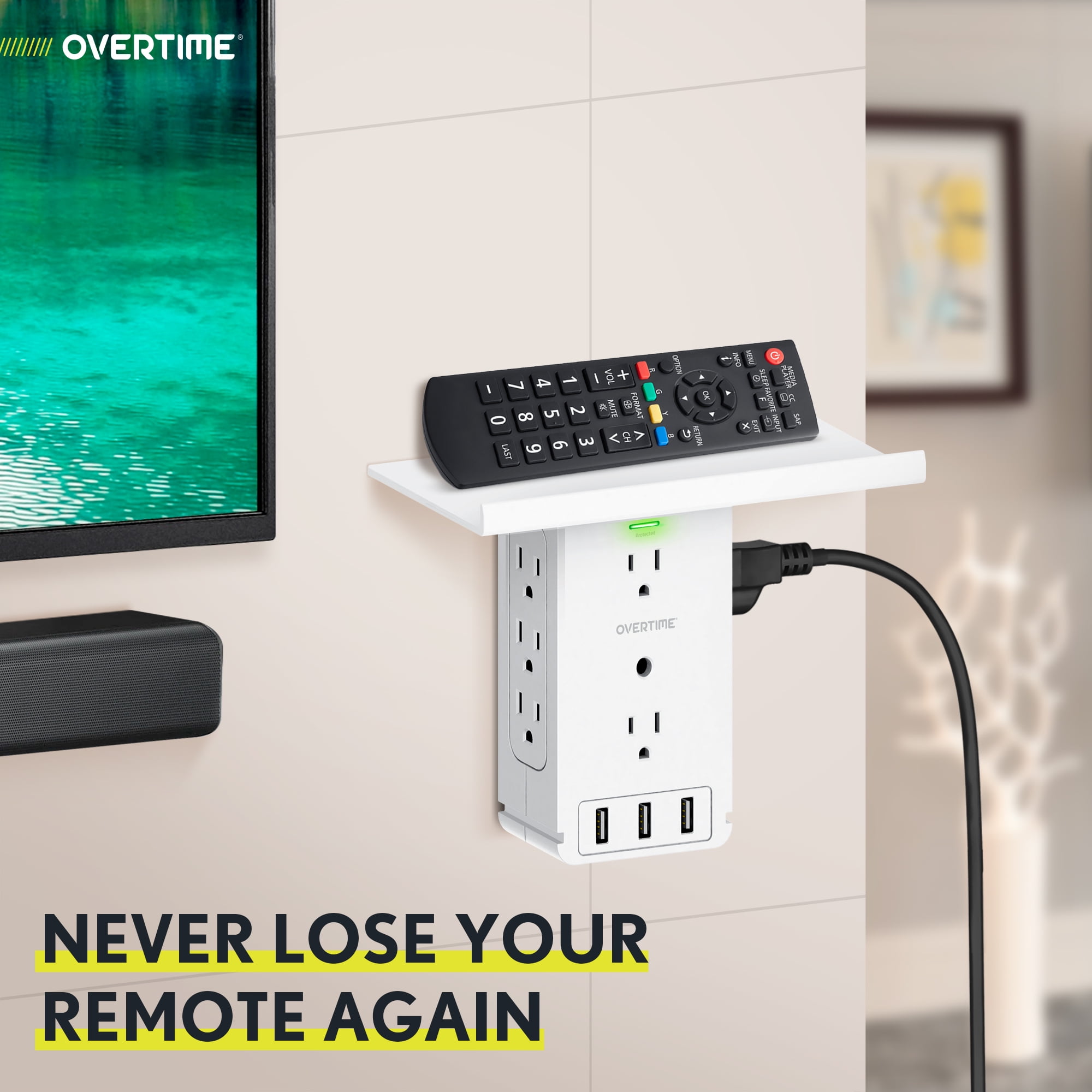 Overtime Outlet Extender, Outlet Splitter With 8 AC and 3 USB Outlets, Detachable Shelf, Multi-Plug Outlet Extender With Surge Protector for Home Appliances, Office, and Travel - White