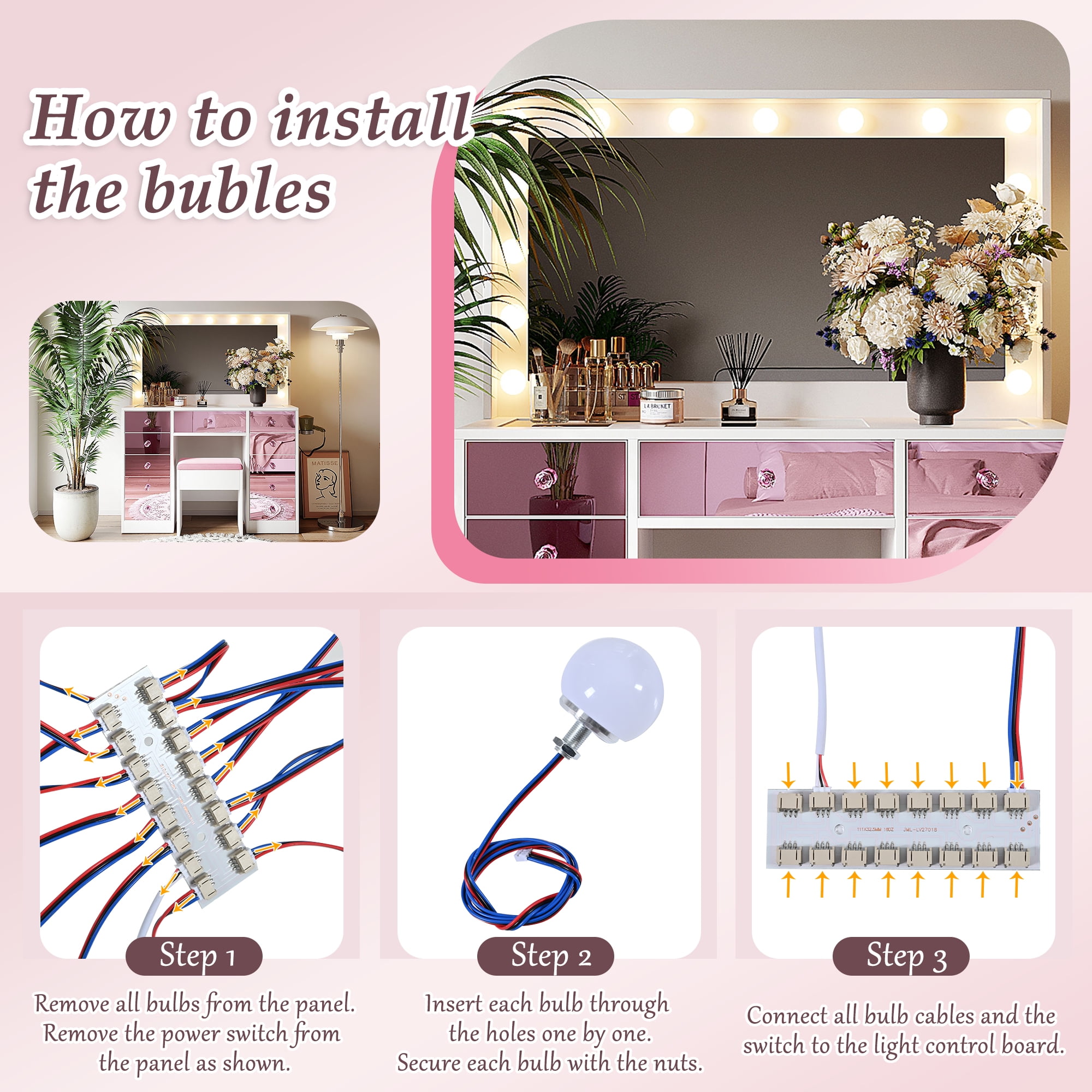 Makeup Vanity, Vanity Desk with Lights, Hollywood Vanity with 15 LED Bulbs 3 Color Modes Adjustable Brightness Pink Glass Top Dressing Table 11 Drawers Includes Cushioned Stool, Pink