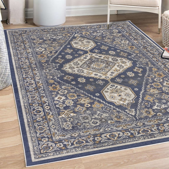 Vintage Decorative Rug, Nostalgic Oriental Look Floral Baroque Details and Ornaments Bohemian, Quality Carpet for Bedroom Dorm and Living Room, 6 Sizes, Navy Blue Pale Coffee, by Ambesonne