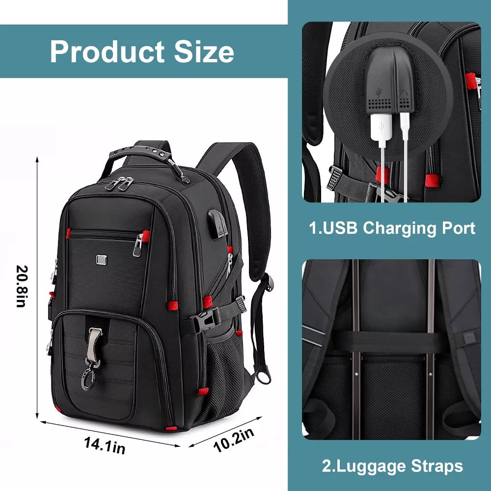 Fenbeli Extra Large 50L Travel Laptop Backpack, TSA Approved Carry On Backpack with USB Charging Port, Water Resistant College School Business Work Backpack for Men & Women, Black