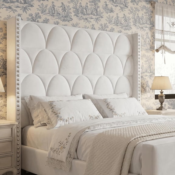 Velvet Upholstered Wingback Headboard, Queen, Cream