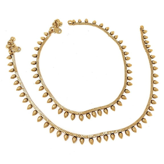 Duel On Jewel Gold-Plated Teardrop Bell Anklet Payal Pair, 10.13-Inch Length, S-Hook Clasp, Dainty Simple Chain Design, Traditional Indian Jewelry for Bridal, Dance, Beach, Party, and Everyday Wear