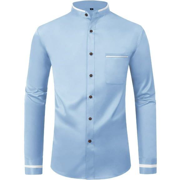 SPEEDRUN Men's Casual Button Down Long Sleeve Dress Work Shirts Stretch Button Down Collar Casual Solid Color Business Shirts Blue White XL