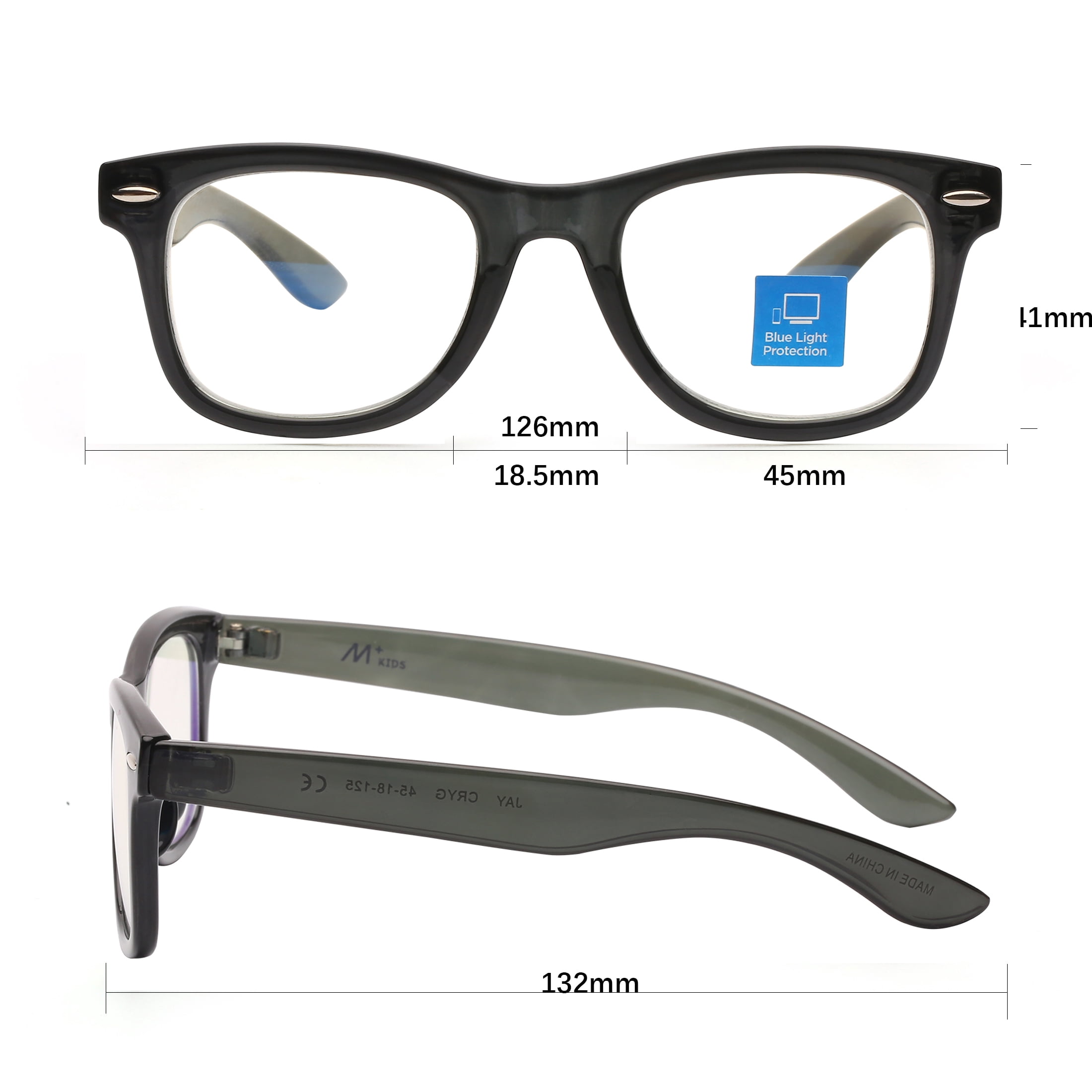 M+ Plano Blue Light Lens Injection Boys Frames, Jay, Grey Crystal, 45.0-18.5-125, with Case