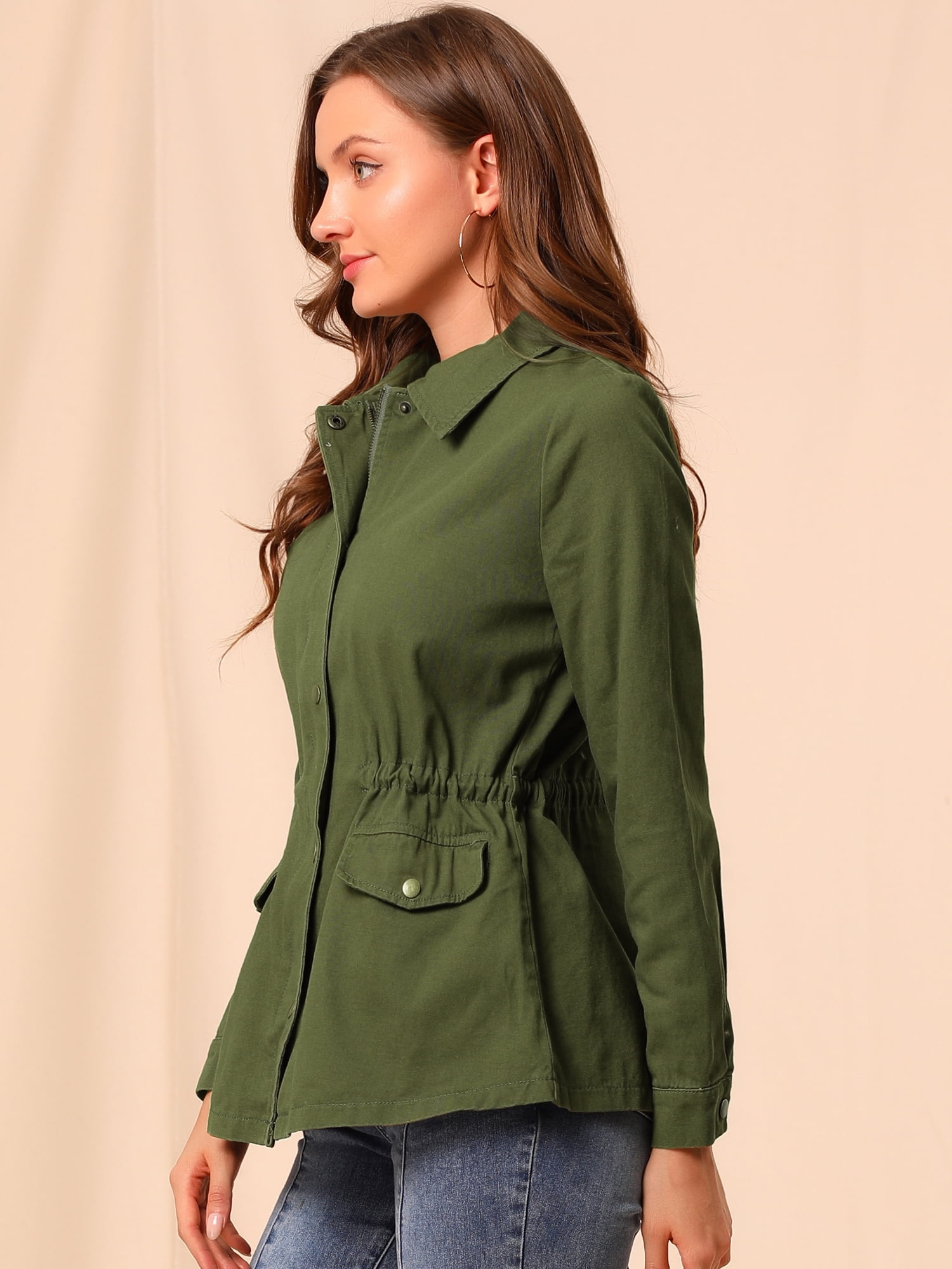 DARING DIVA Women's Long Sleeve Drawstring Waist Flap Pockets Jacket 2XL Olive Green