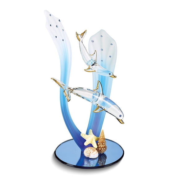 Dolphin and Baby Handcrafted Glass Figurine with Shells and 22k Gold Trim QGM19300