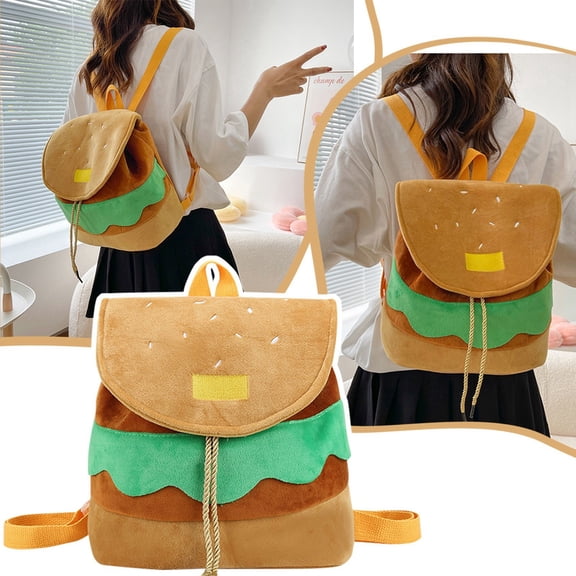 Cute Hamburger Plush Backpack Funny Cartoon Food Shaped Drawstring Daypack Soft Novelty School Bag Casual Lightweight Backpack For Students Travel