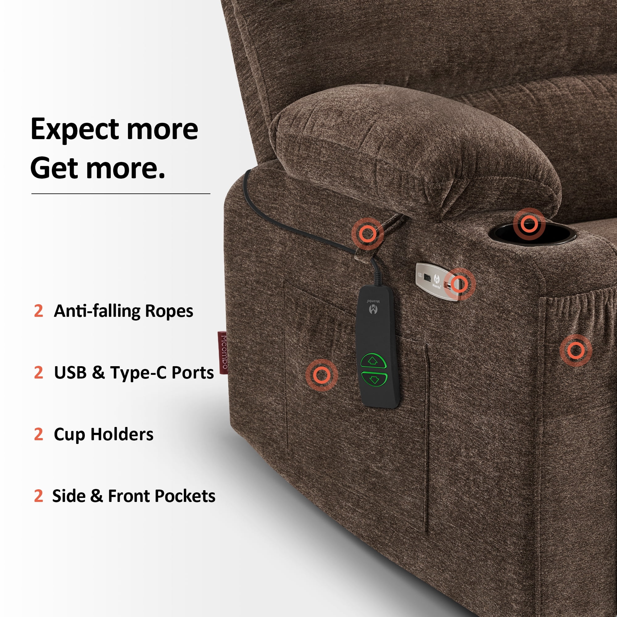 MCombo Power Lift Recliner Chair with Massage Heat, Extended Footrest, Fabric(Medium-Regular, Coffee)