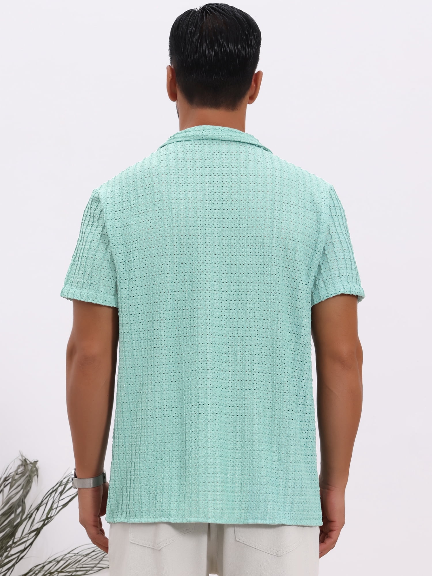 DARING DIVA Men's Casual Knitted Hollow Out Short Sleeve Shirt S Light Blue