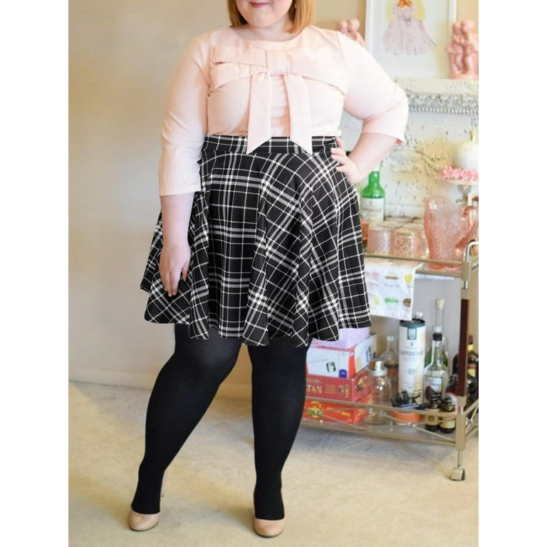 WTef Women's Plus Size Mini Plaid Skirt- Basic High Waisted Flared