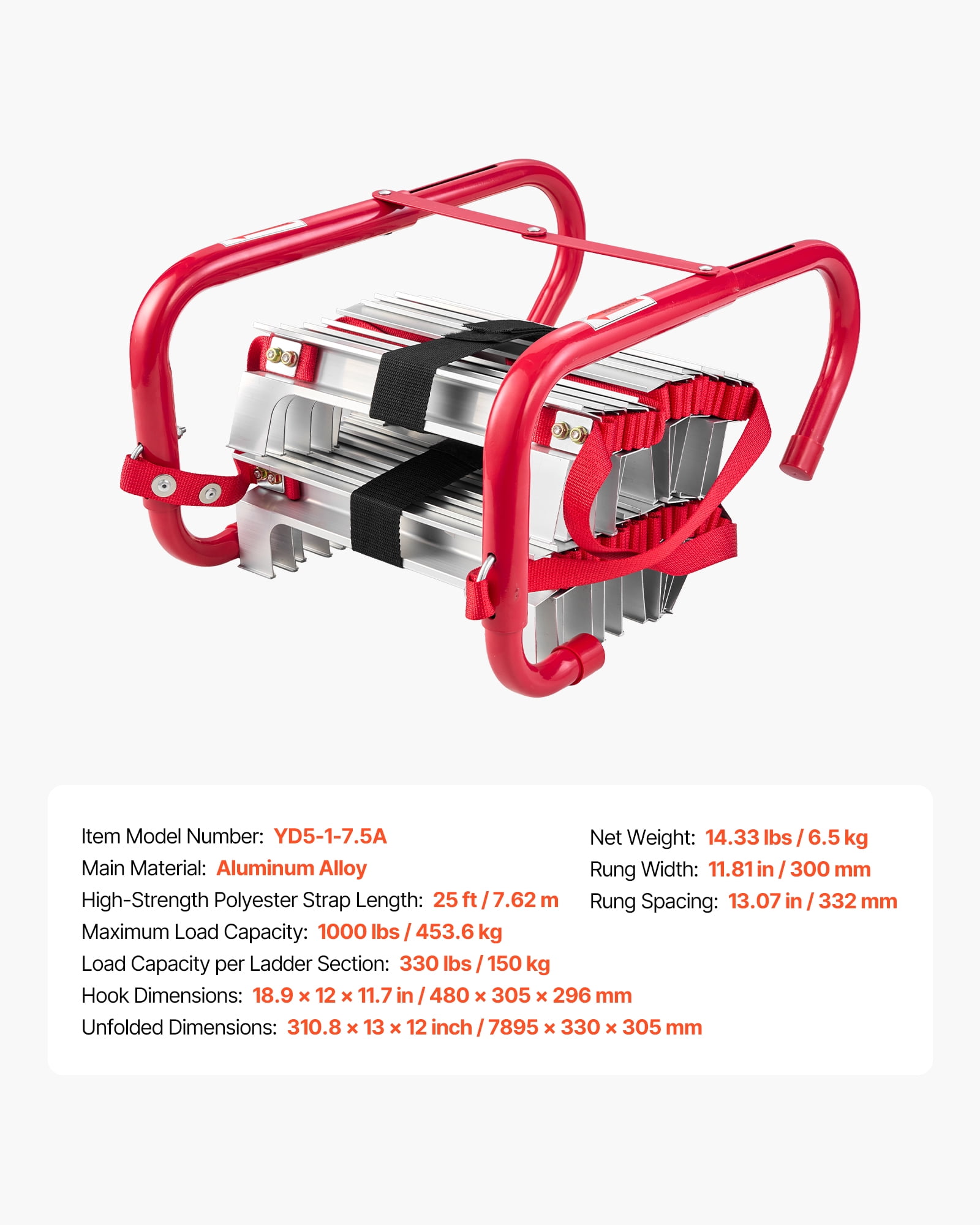 VEVOR Fire Escape Ladder, 3-Story 25FT Retractable Emergency Fire Ladder, Lightweight Aluminum Alloy Safety Escape Ladders with Sturdy Polyester Strap,Anti-Slip Rung & Wide Steps,1000LBS Max Loading