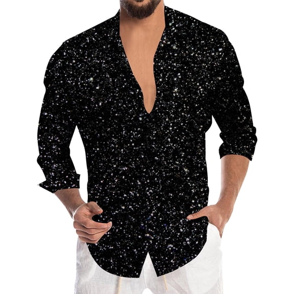 XIAOCHA Men's Sparkly Glitter Shirt Deep V Neck Long Sleeve Casual Tunic Eye Catching Glam Party Going Out Top