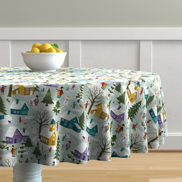 Round Tablecloth Christmas Winter Village People Snow Trees Houses
