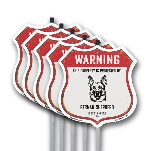 Warning This Property is Protected by German Shepherd (5 Pack) 12 inch X 12 inch Shield Shaped Rust-Free Aluminum Metal Signs with Aluminum Mounting Stakes Weather Resistant Made in the