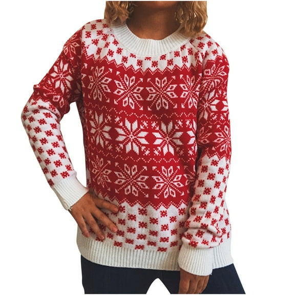 TFEOQRY Pullover Sweater for Women Christmas Pattern Knitwear Long Sleeved Round Neck Sweater Top White