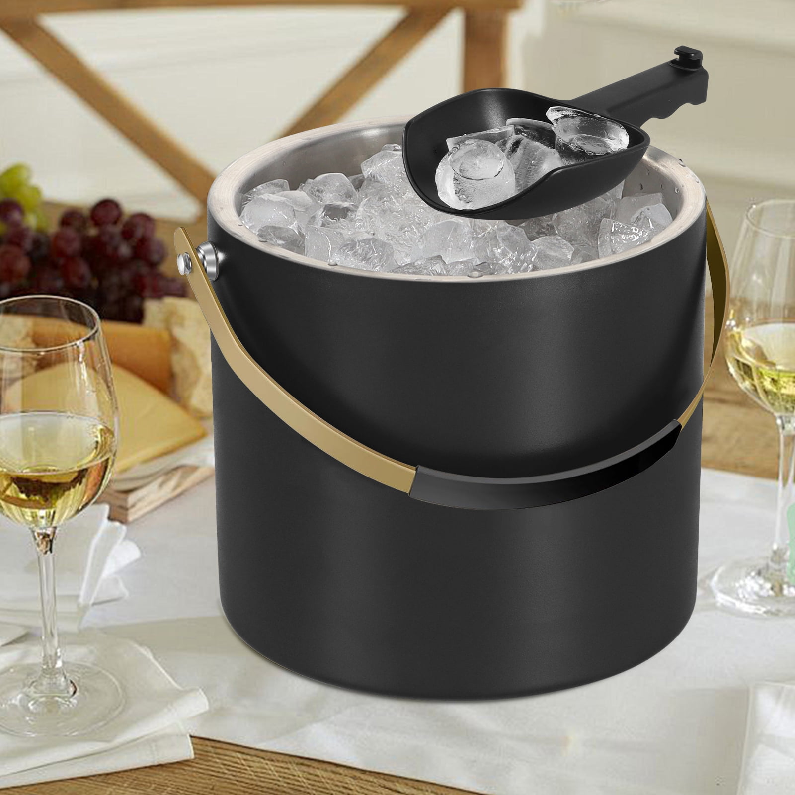 3.2L Modern Insulated Ice Bucket with Silicone Lid, Scoop, Strainer, Double Wall Stainless Steel Ice Bucket for Parties & Cocktail Bar,Ideal for Gift