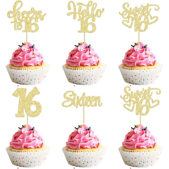 12pcs 16th Birthday Cupcake Toppers - Sixteen Happy 16th Cupcake Picks - Cheers to Sweet 16 Cake Decorations - Gold Glitter