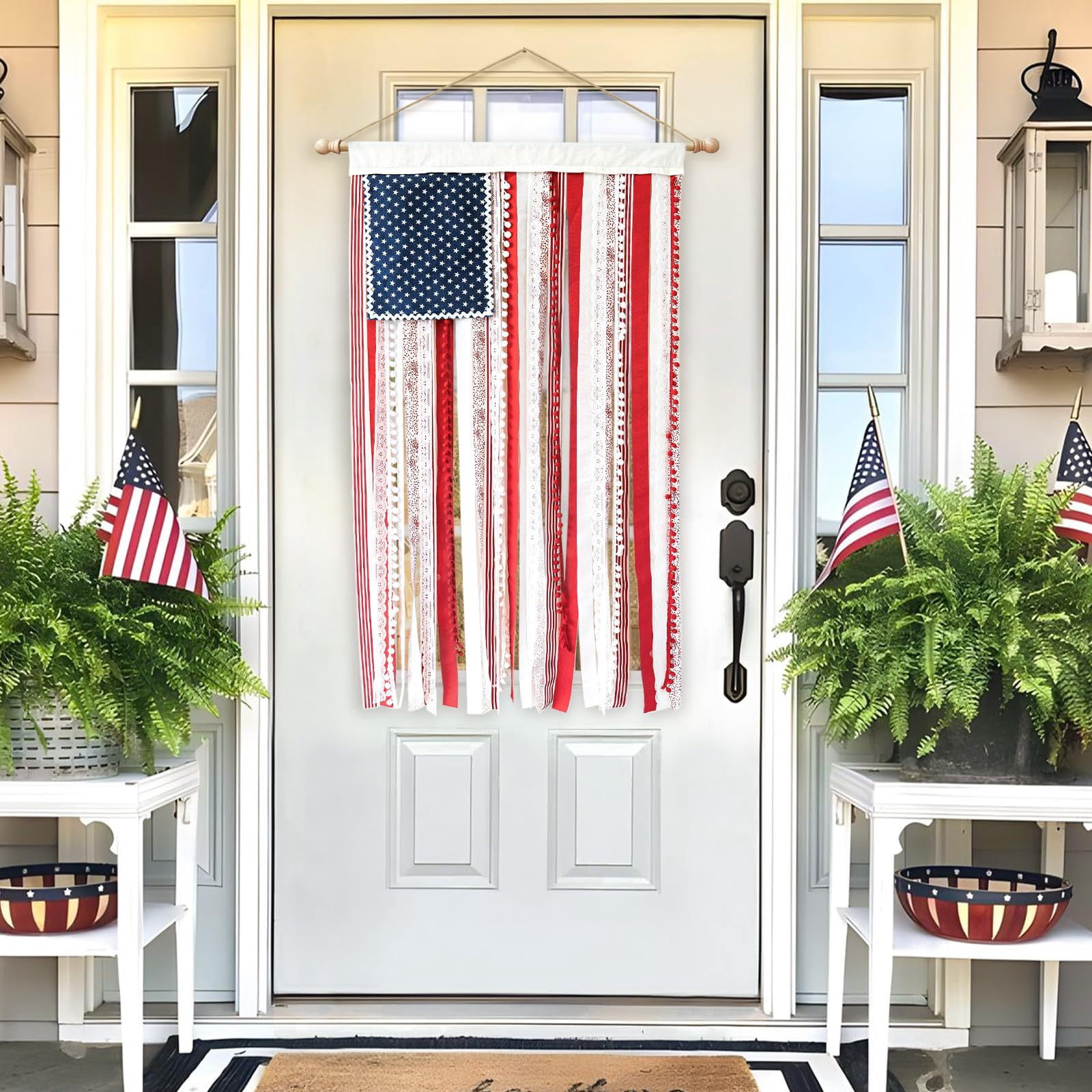 Lighted Patriotic American Flag Wall Hanging, 4 x 2.3 Ft Boho Flag with LED Lights, Retro Independence Day Bunting for Outdoor Indoor Home Porch Decor(xxw)