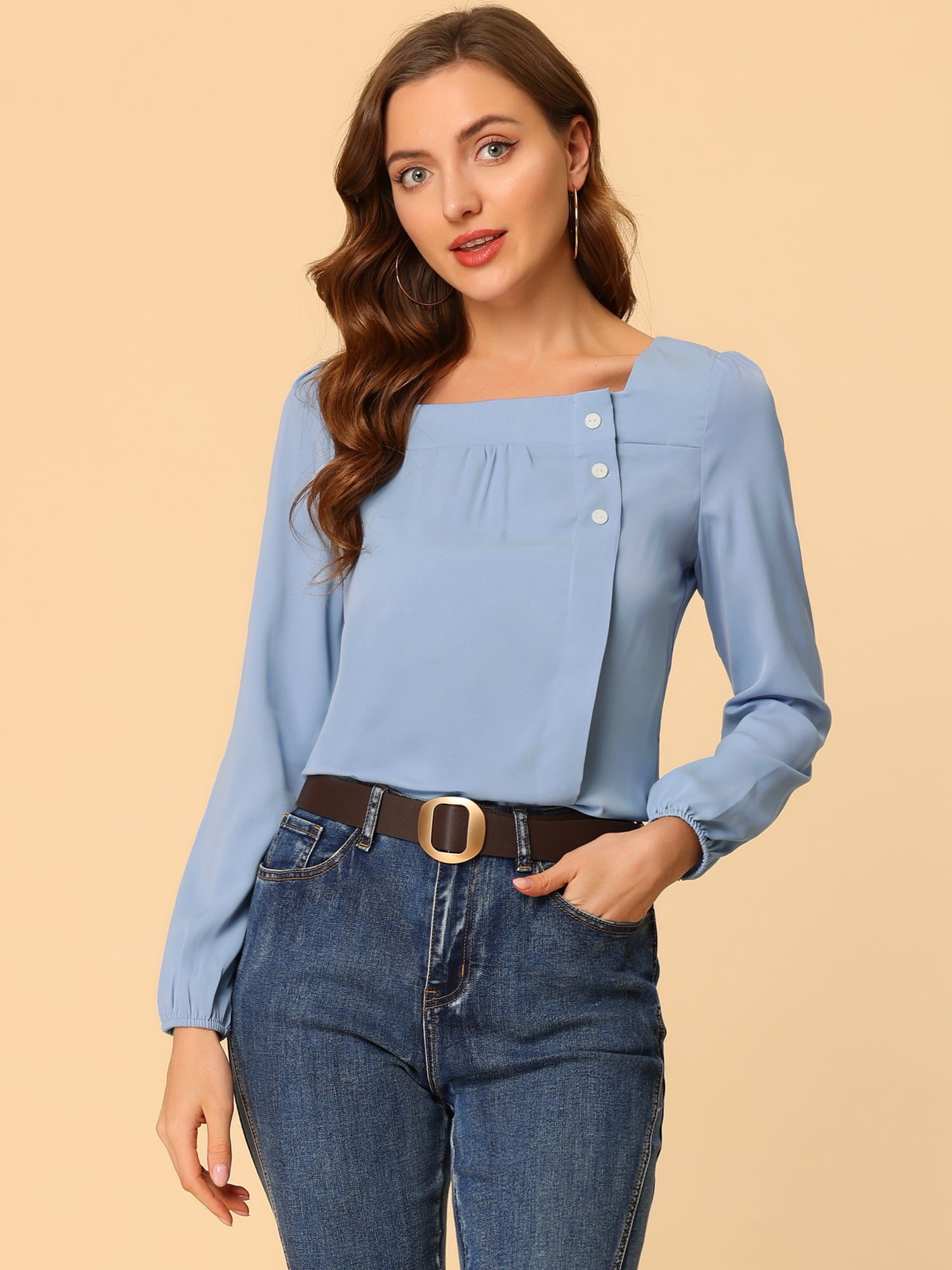 DARING DIVA Women's Pleated Front Casual Long Sleeve Square Neck Blouse XS Blue Gray
