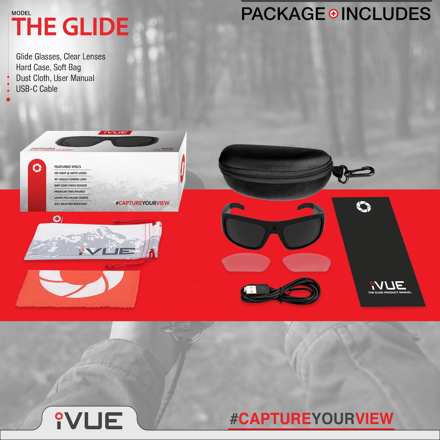 Glide 1080P HD Camera Glasses, Video Recording Sunglasses DVR Eyewear, 30fps, 64GB Memory
