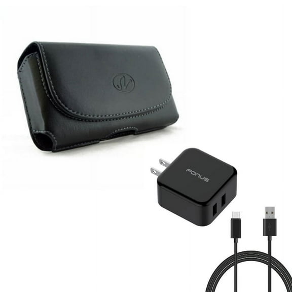 Black Leather Phone Case w 30W 2-Port Adaptive Fast Home Quick Charger 6ft Type-C USB Cable V3K for Essential Phone (PH-1) - Google Pixel - Samsung Galaxy S10e