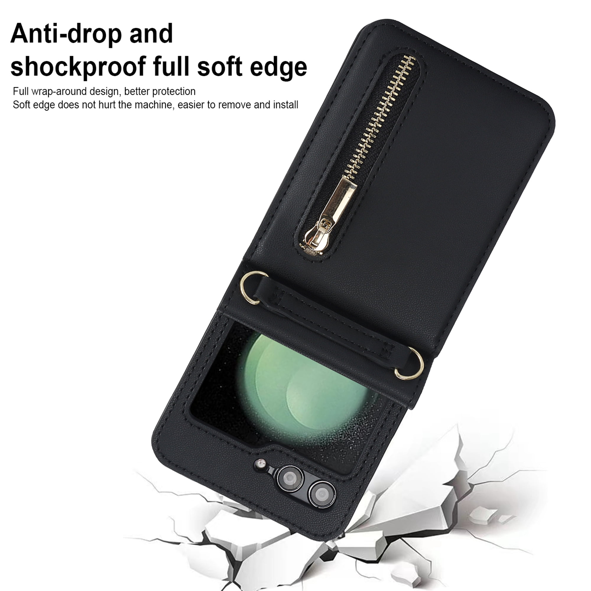Decase for Samsung Galaxy Z Flip 5 Luxury Zipper Wallet Phone Case, Multi-Function Kickstand Card Holder Adjustable Fashion Flip Cover Case with Crossbody Strap for Samsung Z Flip 5 5G,Black